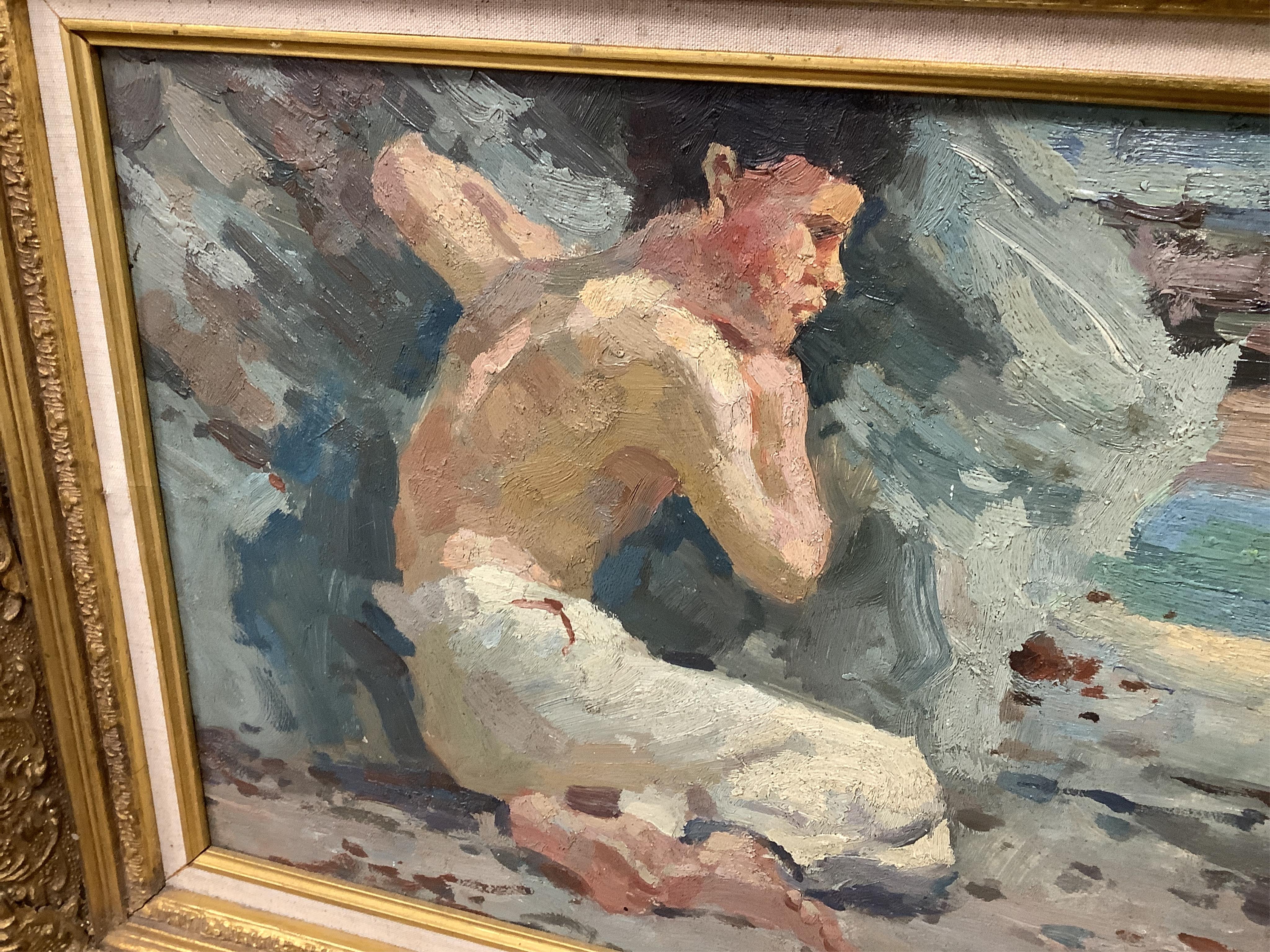 Manner of Henry Scott Tuke RA RWS (1858-1929), Impressionist study of a crouching boy, oil on board, unsigned, 29 x 39cm, ornate gilt frame